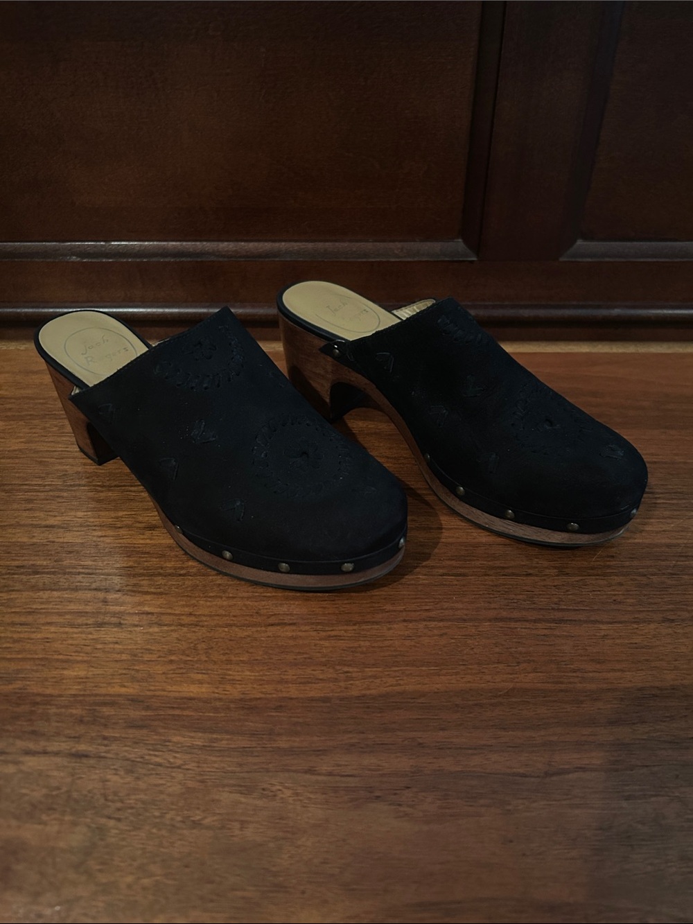 Jack Rogers Black Suede Studded Wooden Clogs